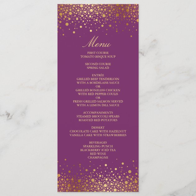 Faux Gold Foil Confetti Elegant Purple Menu Card
