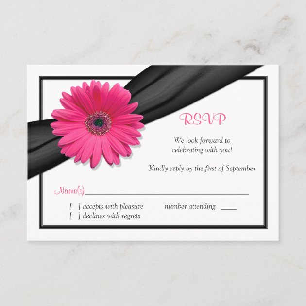 Pink Gerbera Daisy Black Ribbon Reply RSVP Card (front side)