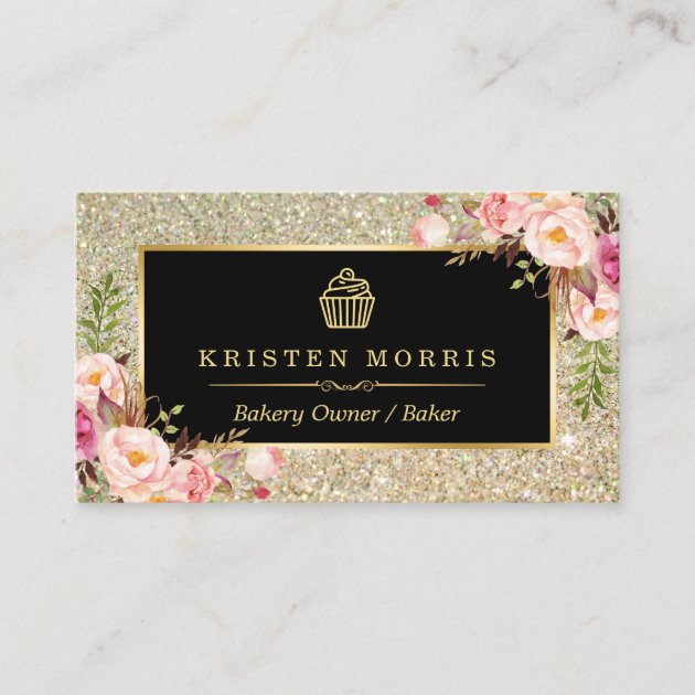 Bakery Cupcake Logo | Floral Gold Glitter Sparkles Business Card (front side)