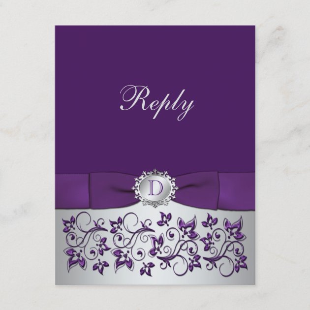 Purple, Silver Floral Scroll Wedding Reply Card