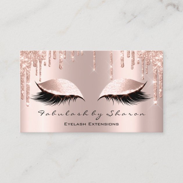 Makeup Artist Eyes Lashes Glitter Drips Rose Gold Business Card (front side)