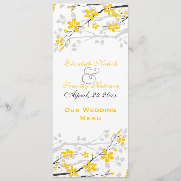 Magnolia flowers yellow, grey wedding Menu card