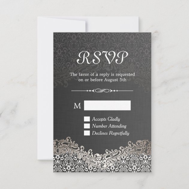 RSVP Card - Elegant Black Silver Damask (front side)
