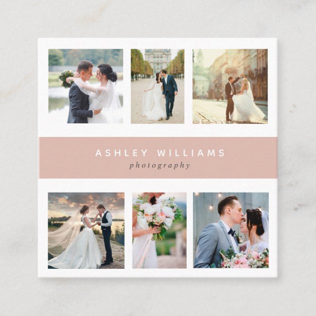 Square Blush Pink Photo Collage Photographer Square Business Card (front side)