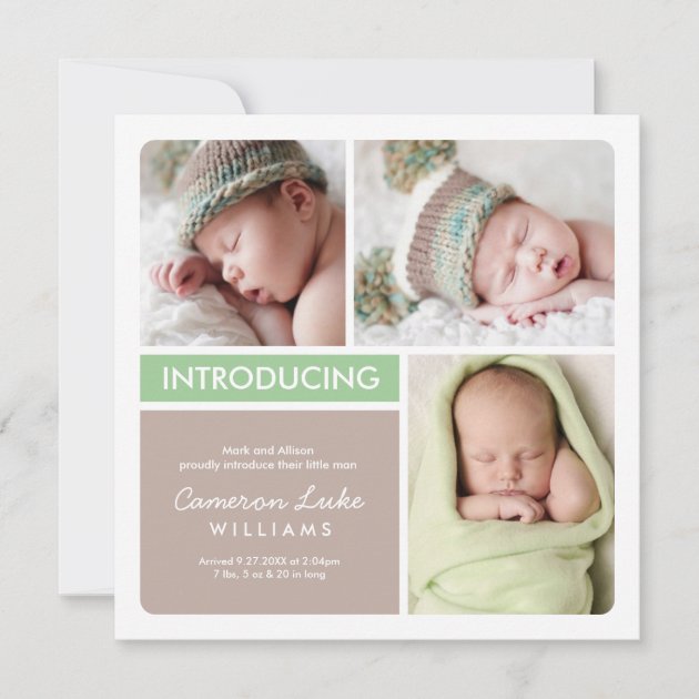 Multi-Photo Birth Announcement Card | Green Beige