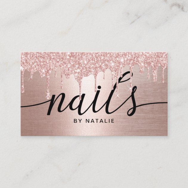 Nail Salon Rose Gold Glitter Drips Typography Business Card (front side)