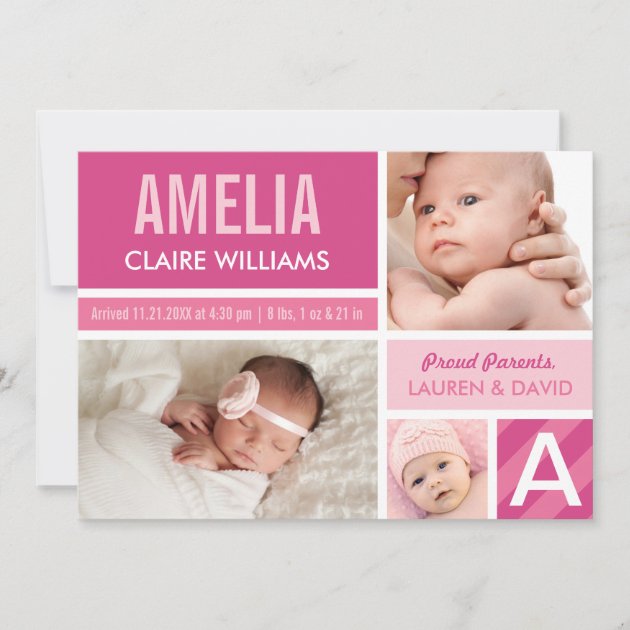 Photo Birth Announcement Card | Pink Collage