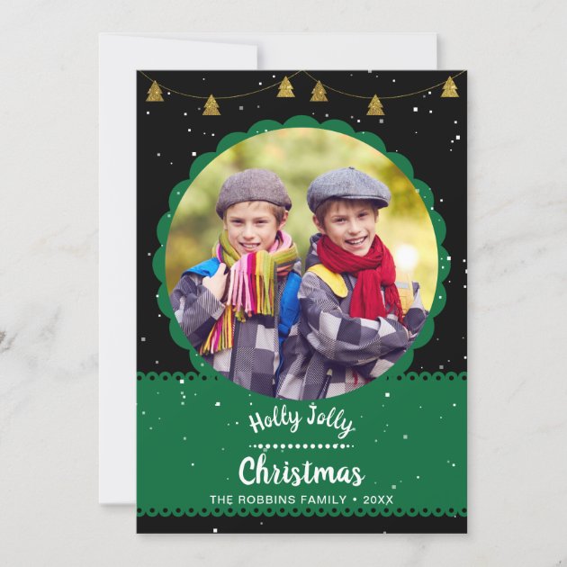 Modern Black Green Holly Jolly Christmas Photo Holiday Card