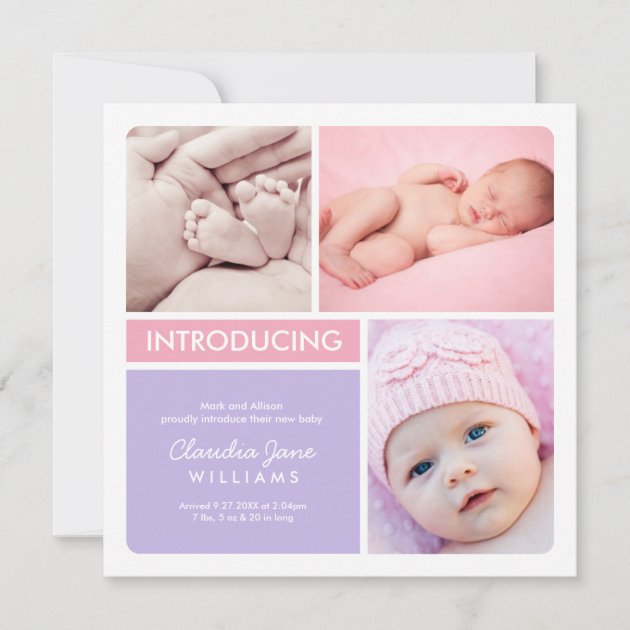 Multi-Photo Birth Announcement Card | Pink Purple (front side)