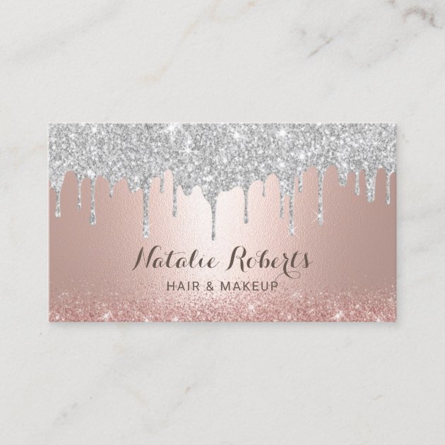 Modern Silver Drips Rose Gold Makeup Hair Salon Business Card (front side)