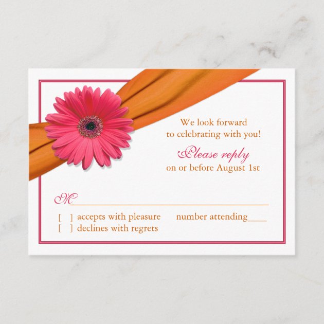 Pink Gerber Daisy Orange Ribbon Wedding RSVP Card