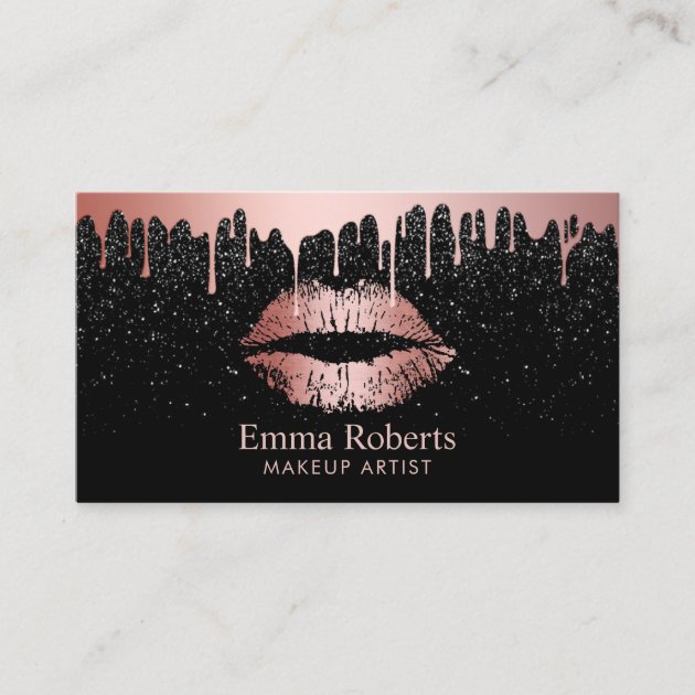 Makeup Artist Rose Gold Lips Trendy Dripping Business Card (front side)