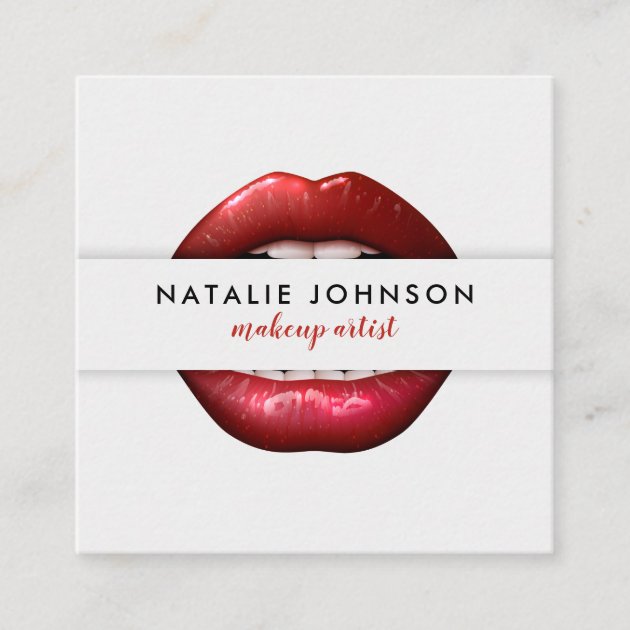 Makeup artist cool 3d red lips modern gray beauty square business card (front side)