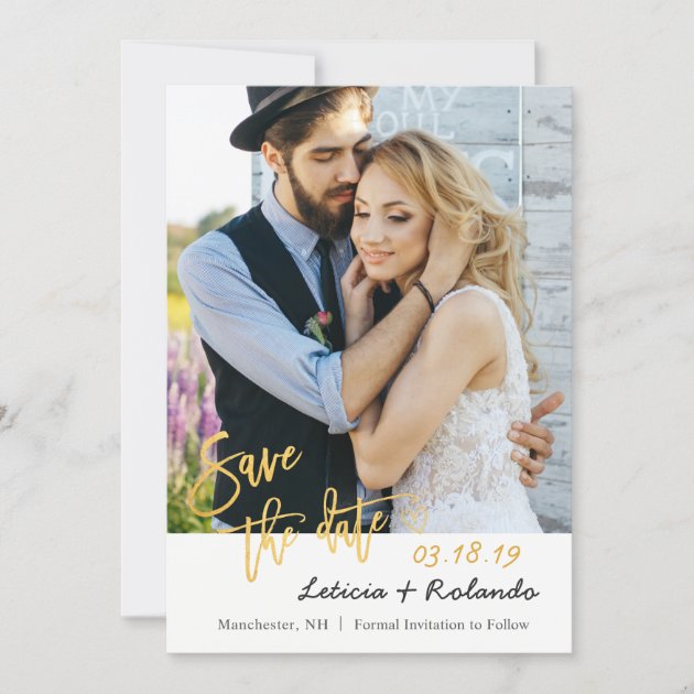 Modern Black & Gold Wedding Save The Date Photo (front side)