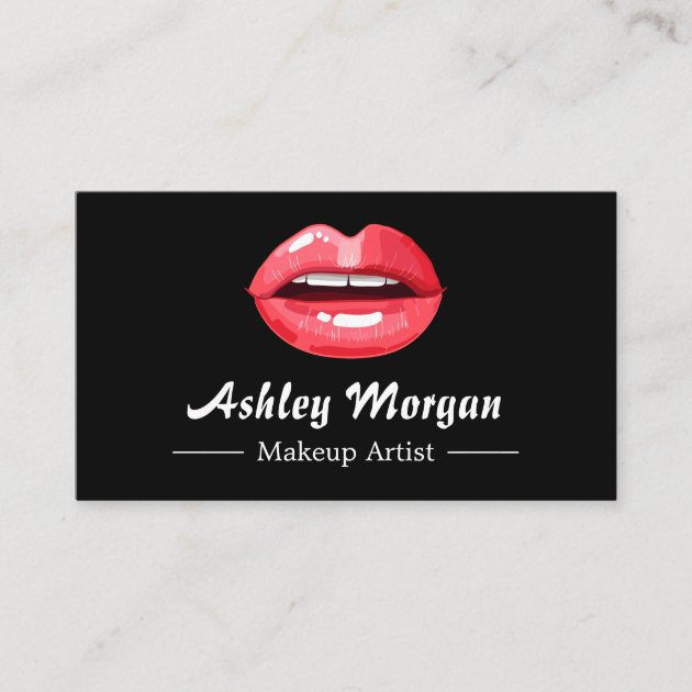 Makeup Artist Trendy Red Lips & Modern Marble Look Business Card (front side)