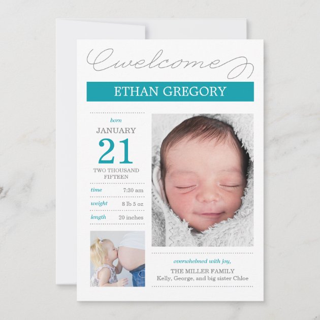 Sweetly Documented Birth Announcements - Bliue (front side)
