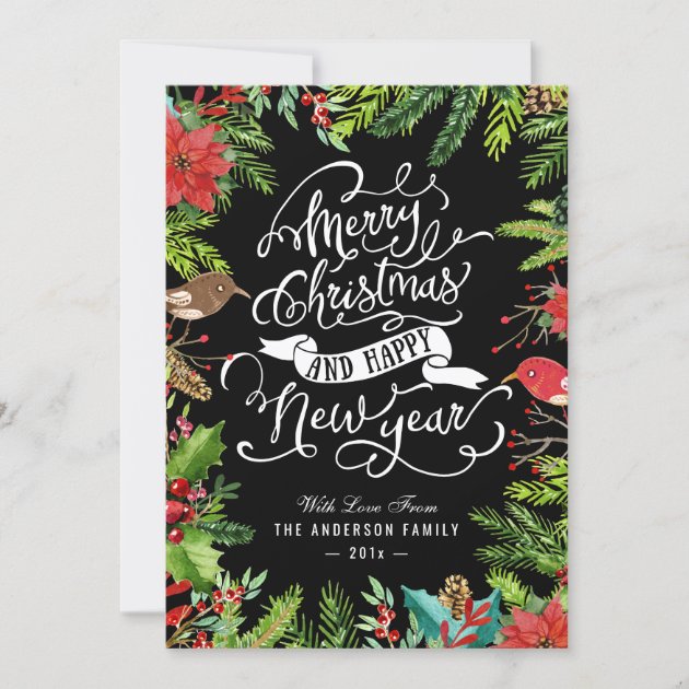Holly Berries and Pines | Merry Christmas New Year Holiday Card (front side)