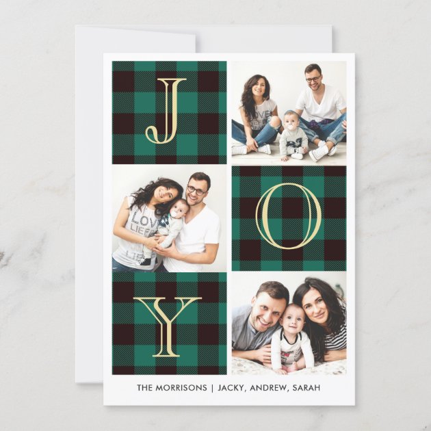 JOY | Green Plaid Photo Collage Holiday Card