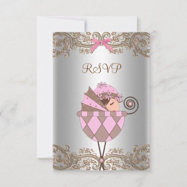 Pink Brown Lace Girl Baby Shower RSVP