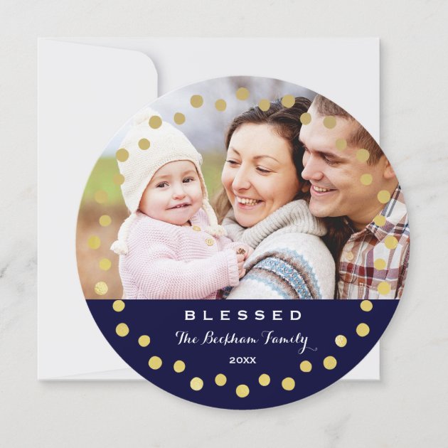 Blessed Holiday Ornament Photo Card / Navy Gold (front side)