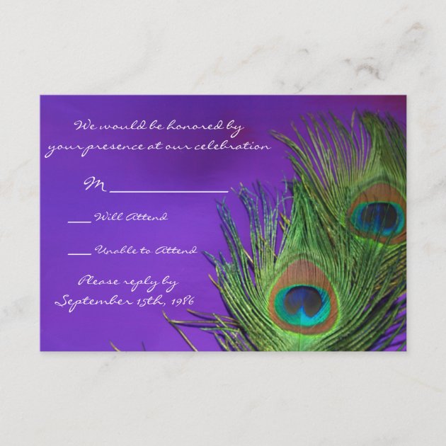 Purple Foil Peacock Wedding RSVP cards