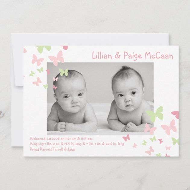 5x7 Girl Twins Butterfly Photo Birth Announcement (front side)