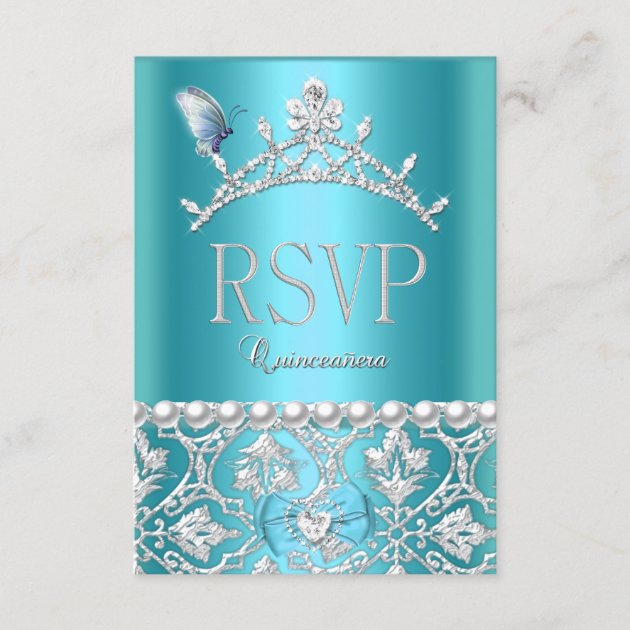 RSVP Reply Quinceanera 15th Blue Damask Butterfly