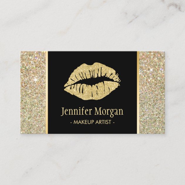 Gold Lips Trendy Glitter Sparkles Makeup Artist Business Card (front side)