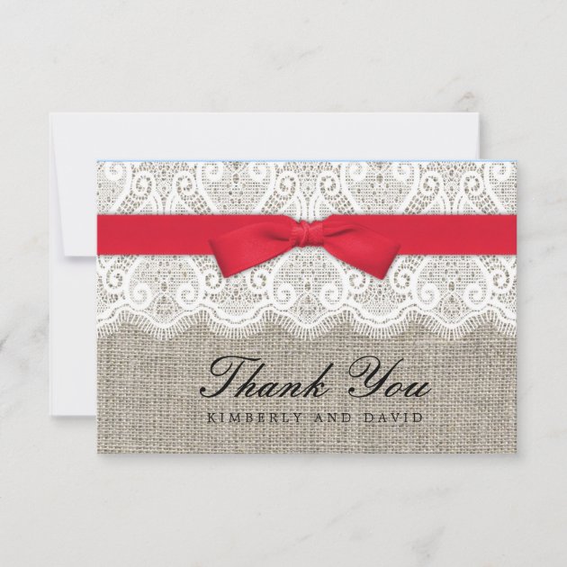 Red Bow and Lace Wedding Thank You Card