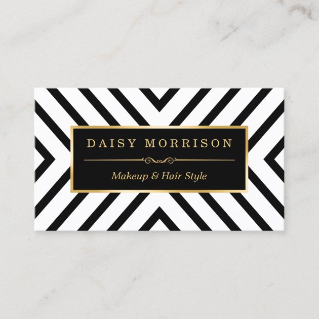 Fashion Beauty Gold Black White Line Pattern Business Card (front side)