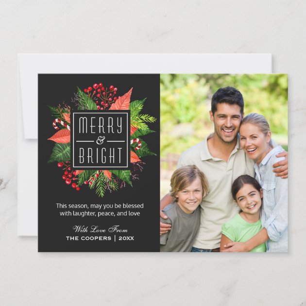Christmas Merry and Bright Floral Family Photo Holiday Card (front side)