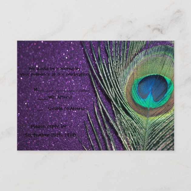 Glittery Purple Peacock Wedding RSVP Cards