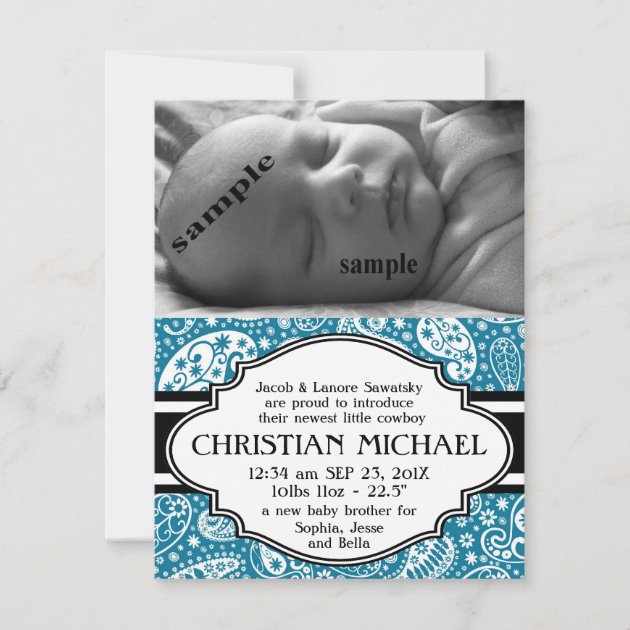 Country Paisley New Baby Boy Birth Announcement