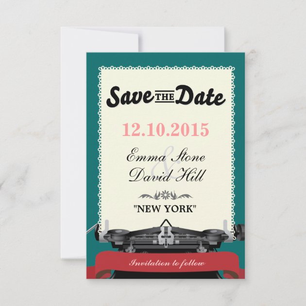 Vintage Typewriter Green Save the Date Cards (front side)