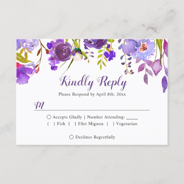 Watercolor Violet Purple Floral Wedding RSVP Reply