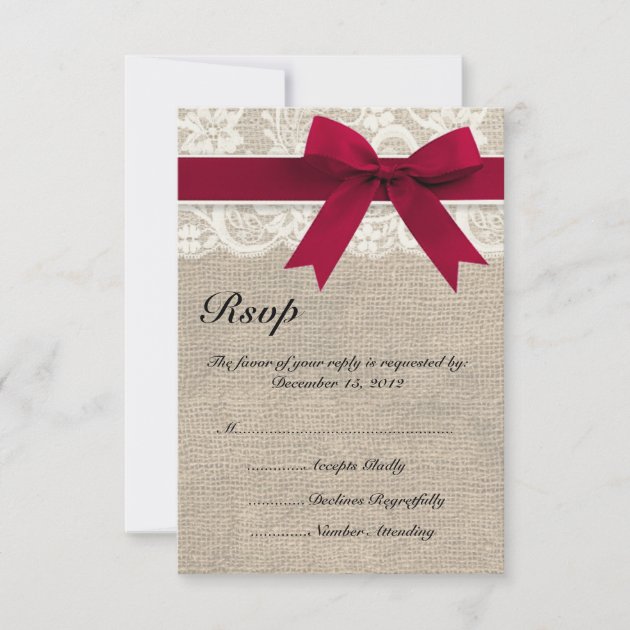 Ivory Lace Red Ribbon and Burlap Wedding RSVP Card