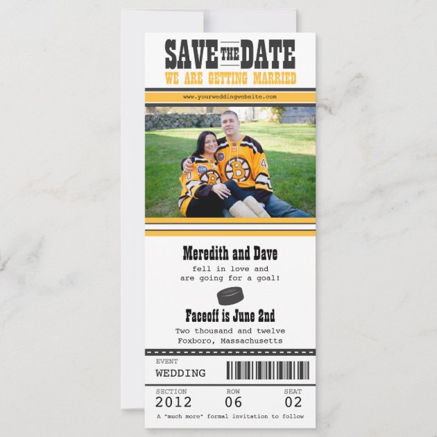 Hockey Ticket Wedding Save the Date (front side)