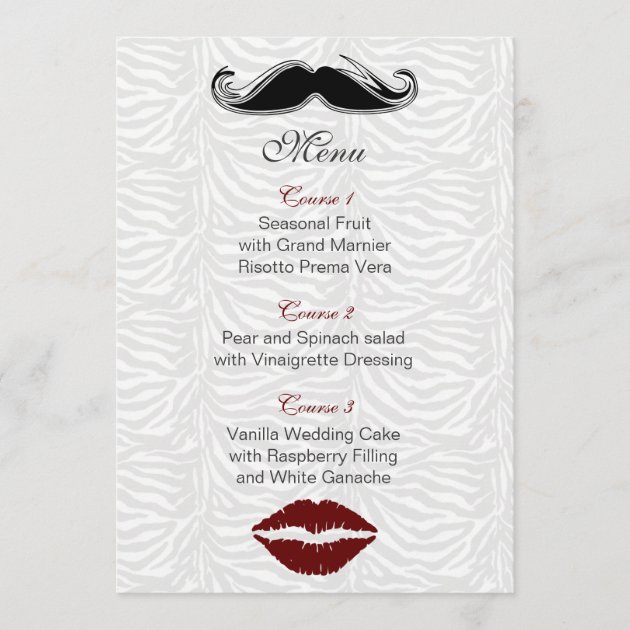 kiss and mustache zebra stripes wedding menu