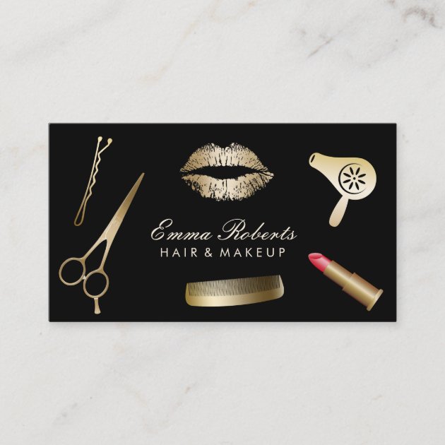 Makeup Artist Hair Stylist Modern Black & Gold Business Card (front side)