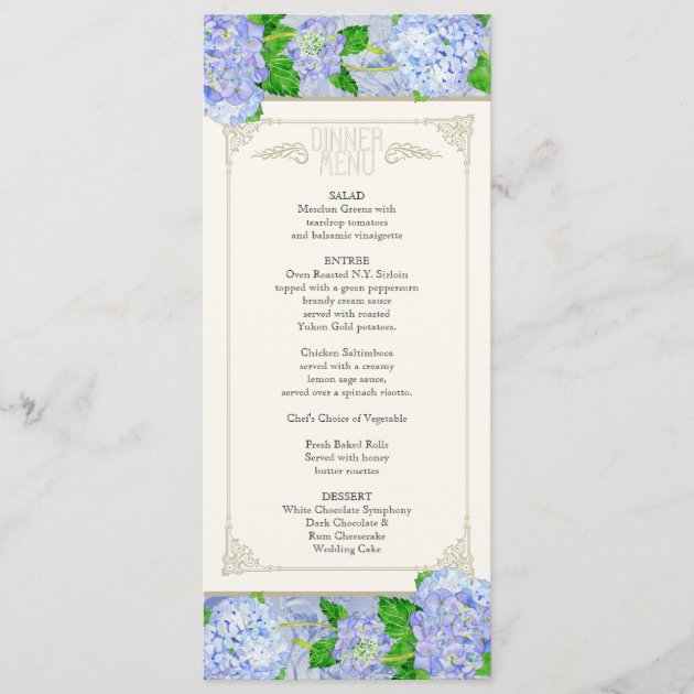 Dinner Menu - Blue Hydrangea Lace Floral Formal