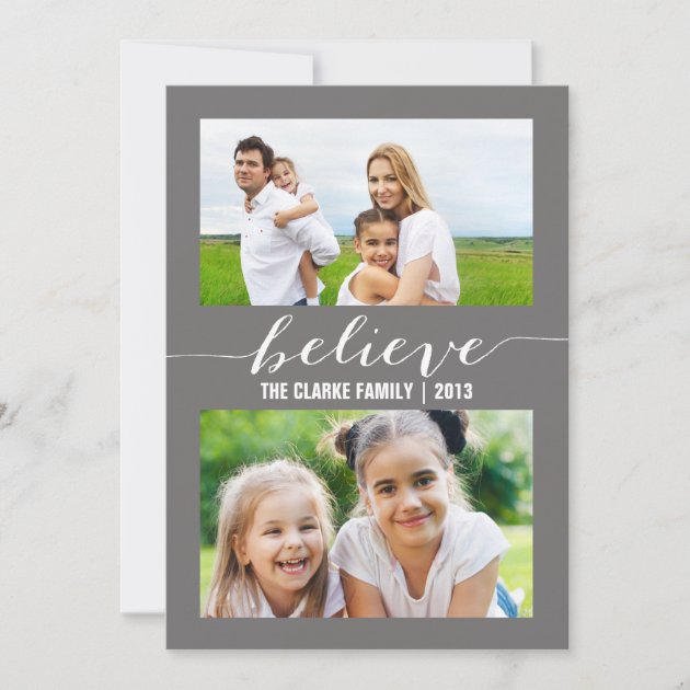 Believe Holiday Two Photo Card | Gray