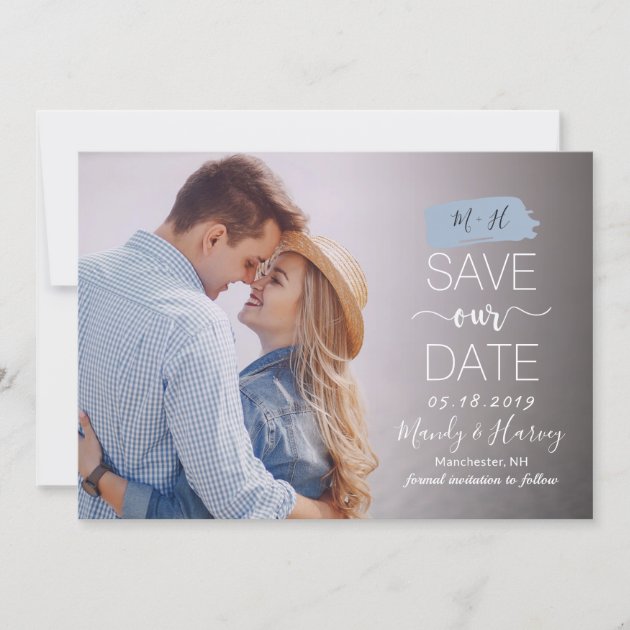 Modern Blue Monogram Wedding Save The Date Photo (front side)