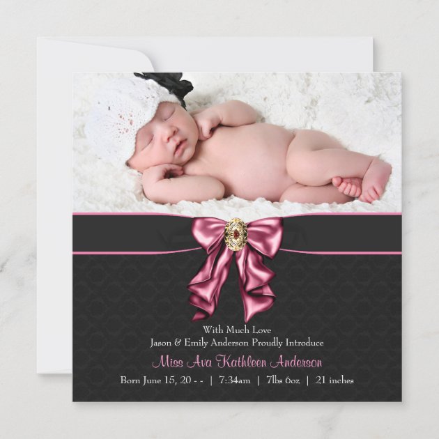 Pink Black Baby Girl Photo Birth Announcement