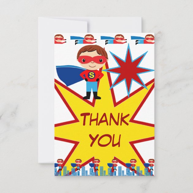 Superhero Kids Boys Birthday Party Thank You Cards (front side)