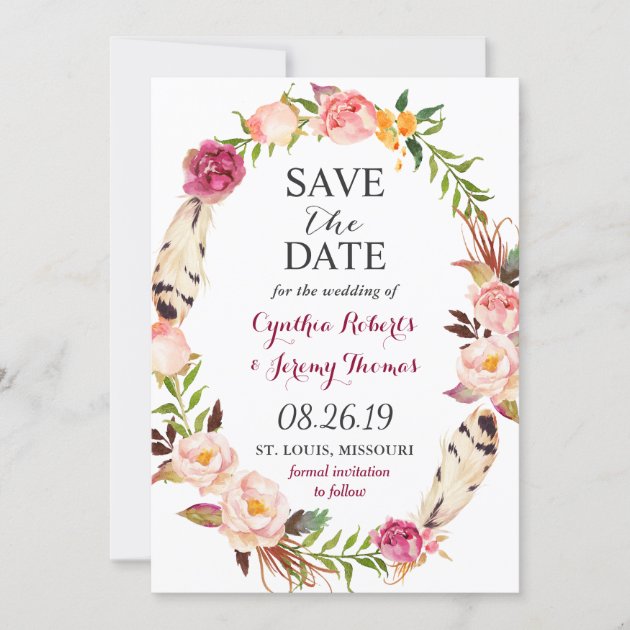 Bohemian Floral Wreath Feather Boho Save the Date (front side)