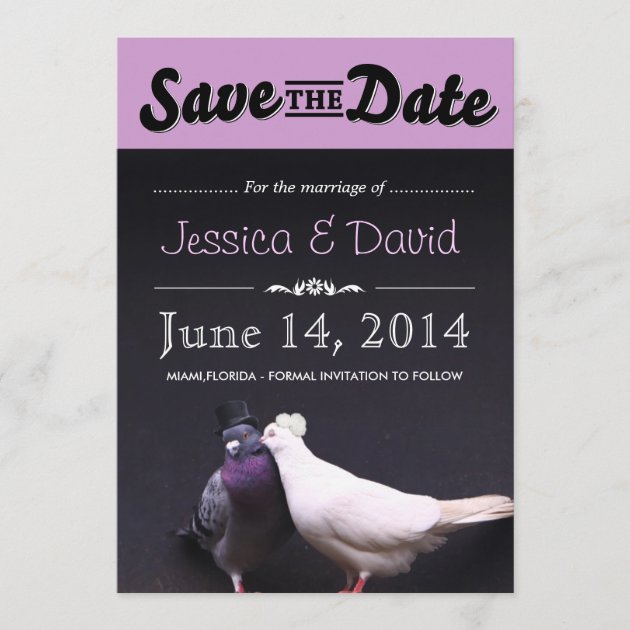 Bride & Groom Pigeons Save the Date Announcement (front side)