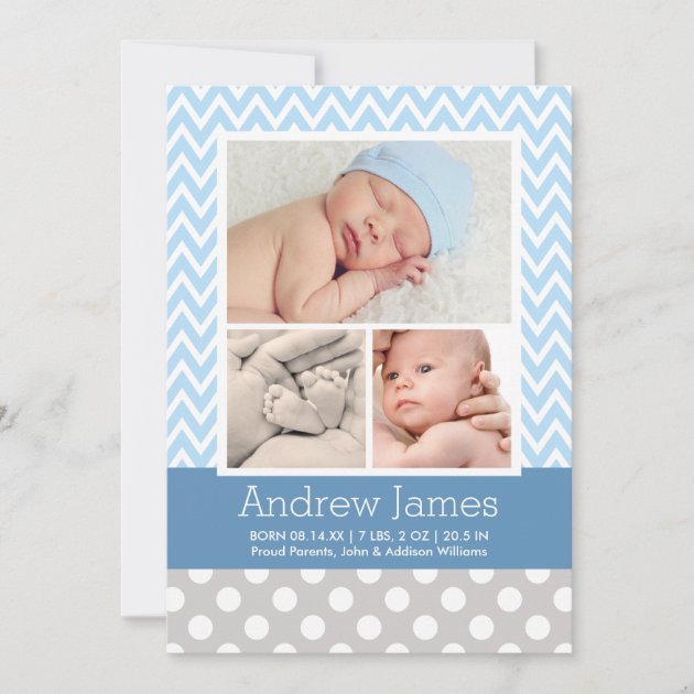 Photo Birth Announcement Card | Chevron Baby Boy (front side)