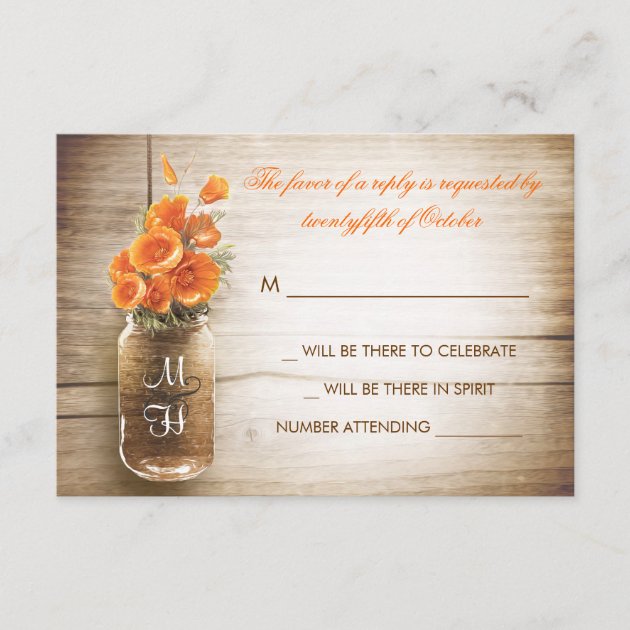 Mason jar and orange flowers wedding RSVP card (front side)