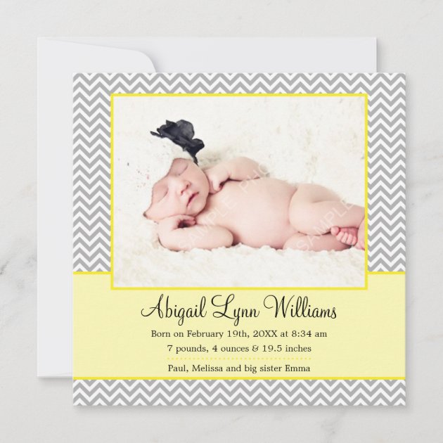 Yellow Gray Chevron Girl Photo Birth Announcement (front side)