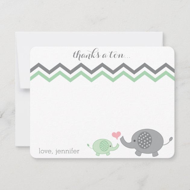 Elephant Baby Shower Thank You Green Gray Chevron (front side)